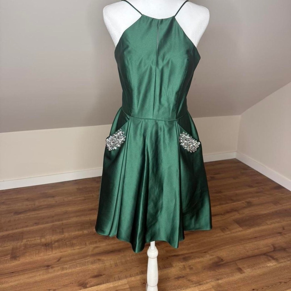 Y2K Blondie Nites Emerald Green Satin Mini Dress Rhinestone Party Holiday Sz 7